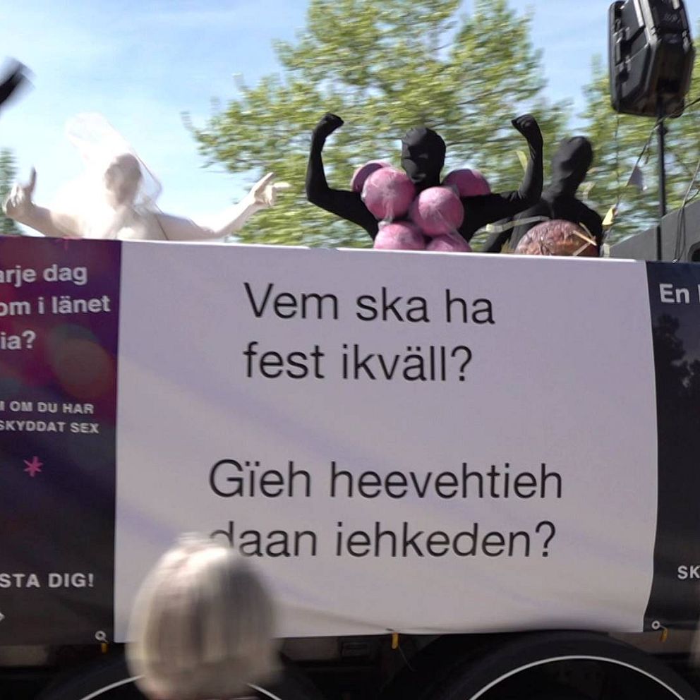 Ett studentflak där utklädda personer står och dansar till musik.