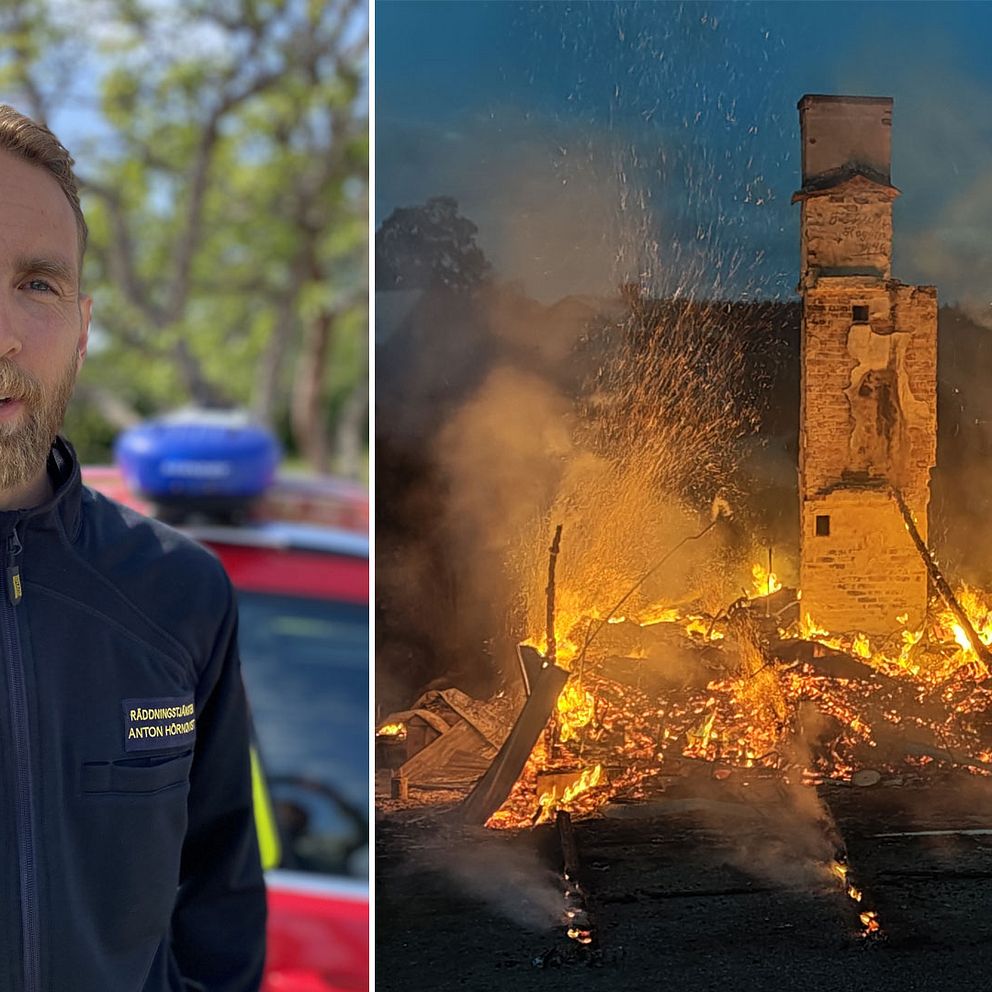 Räddningsledare Hörnqvist bredvid en bild av hus som har brunnit ner.