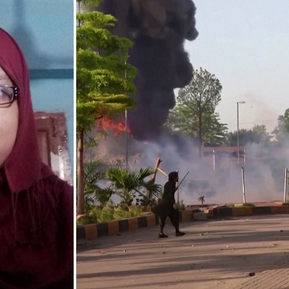 Syeda Saghir Fatima tittar in i kameran till vänster, till höger bild från pakistan och en brand och rök.