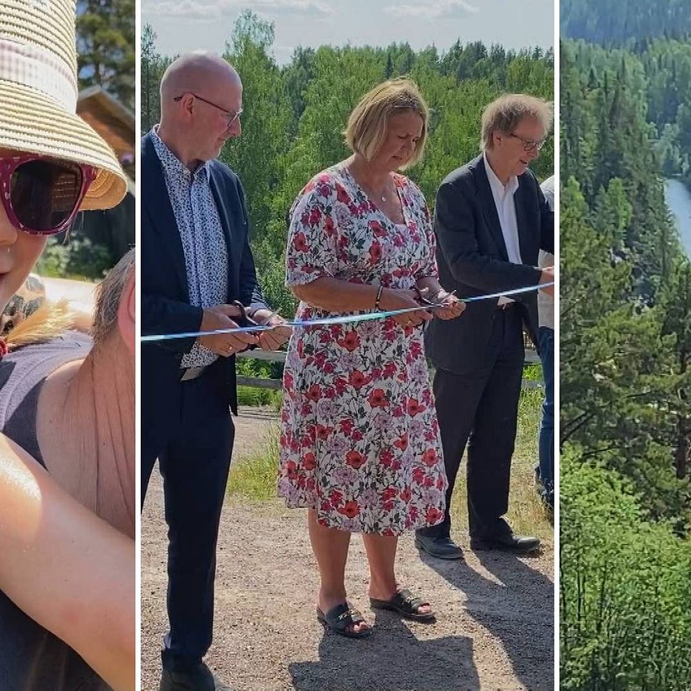 tredelad bild: på flika i solglasögon och hatt, två män och en kvinna som klipper ett band, vy över älv.