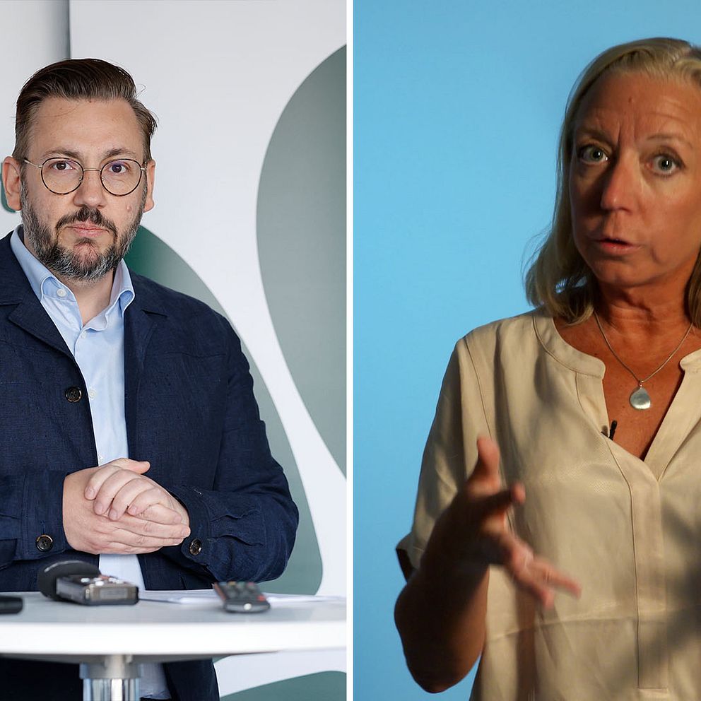 Bild på Centerpartiets partiledare Muharrem Demirok, bredvid bild på SVT:s inrikeskommentator Elisabeth Marmorstein.