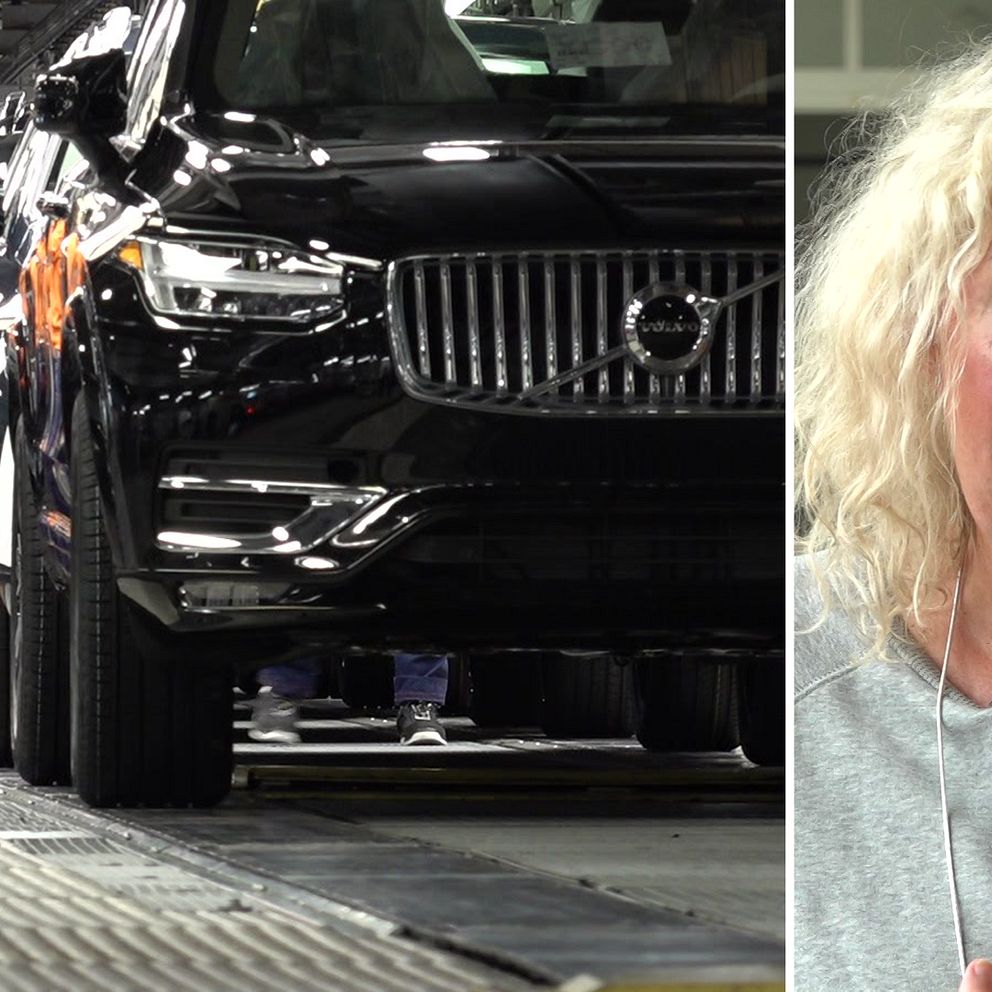 Varumärkesforskaren Eva Ossiansson vid Göteborgs univeritet tillsammans med en bild från bandet på volvos fabrik i Torslanda.