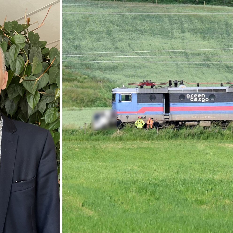 På ena halvan av bilden syns en man i kavaj och skjorta som tittar in i kameran. På andra halvan syns ett godståg som kolliderat med en personbil på tågrälsen. Bilen är blurrad.