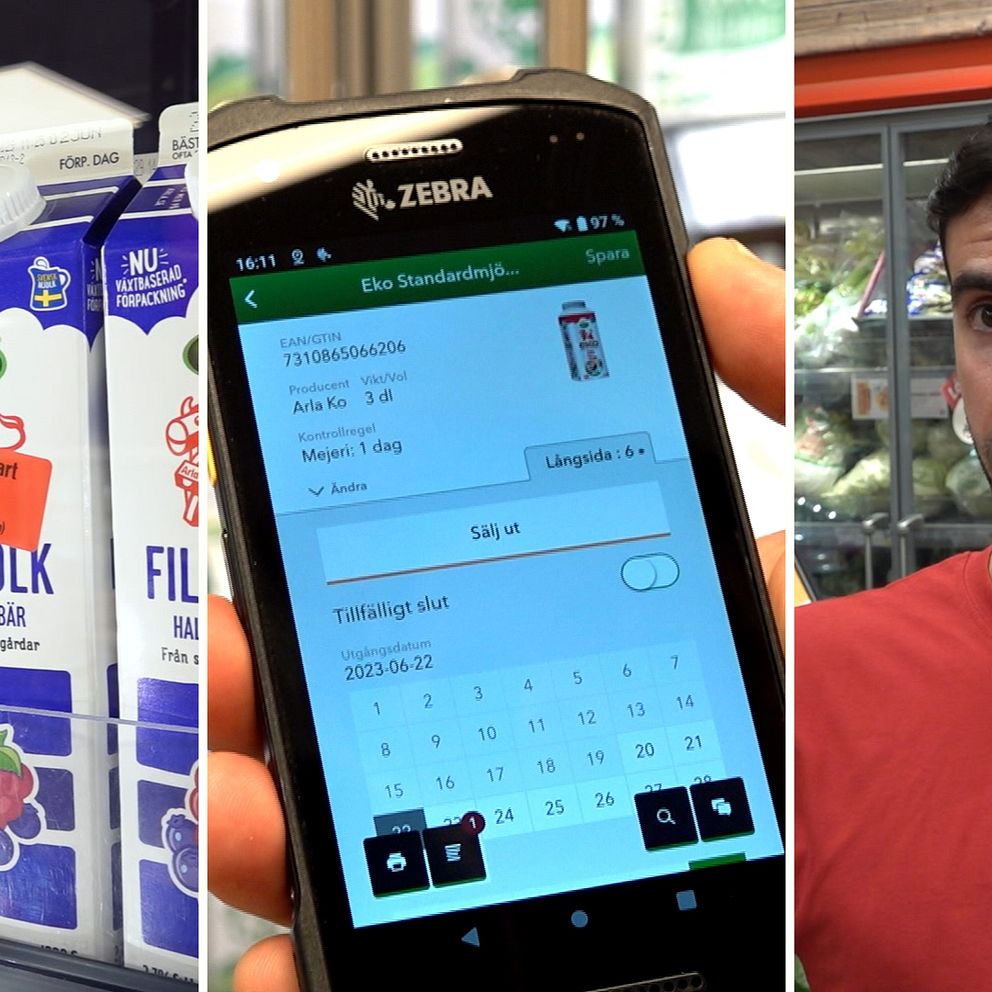 Kollage med tre bilder, till vänster prissänkt filmjölk, i mitten en mobiltelefon med en app, till höger man som intervjuas.