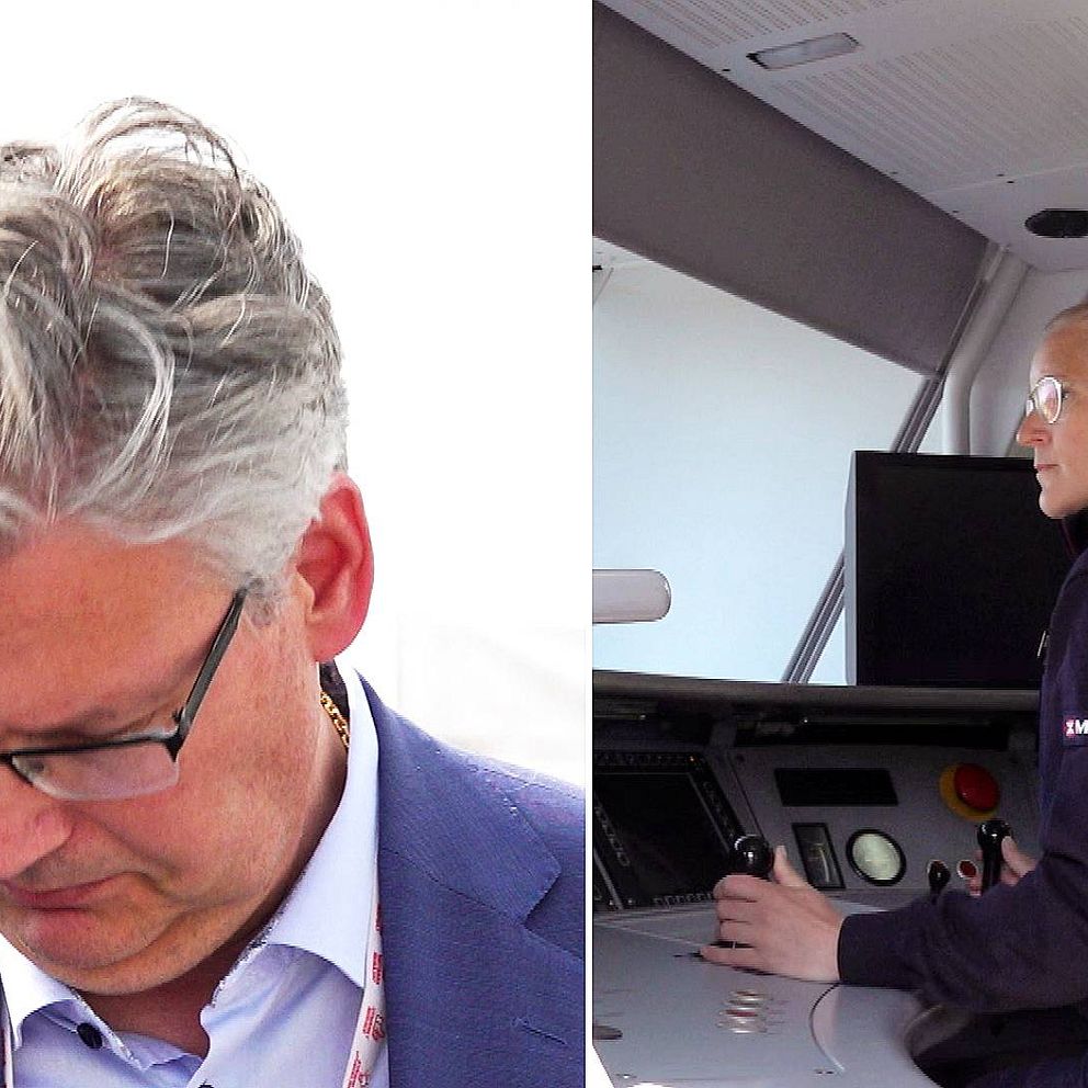 Delad bild på Henrik Dahlin, vd för MTR, som lämnar intervju med SVT och Nikki Olsson Brissmyr ståendes i lokförarhytten.