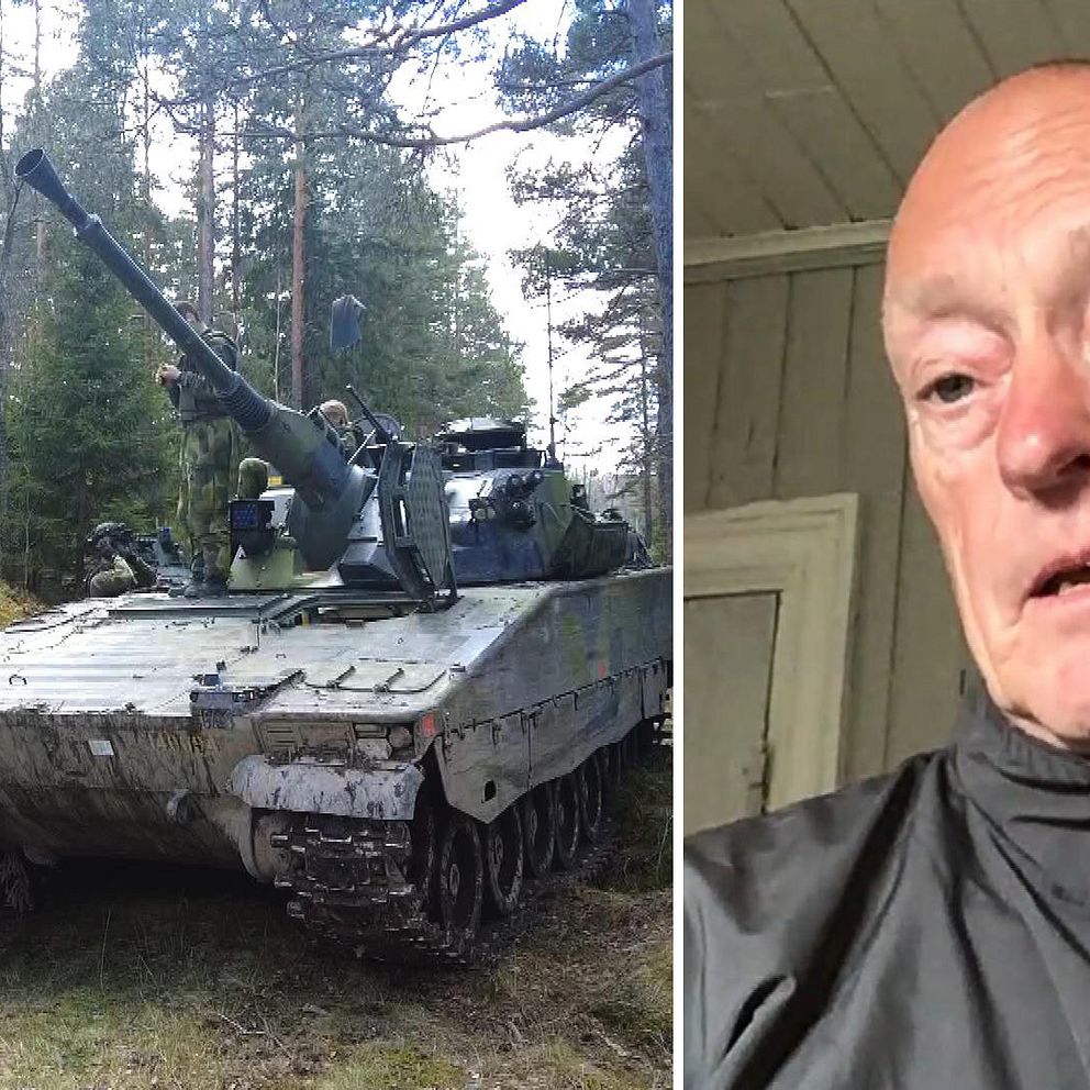 Svenska soldater vid en stridsvagn i skogsmiljö, diskussion om krigsfångar vid attack.
