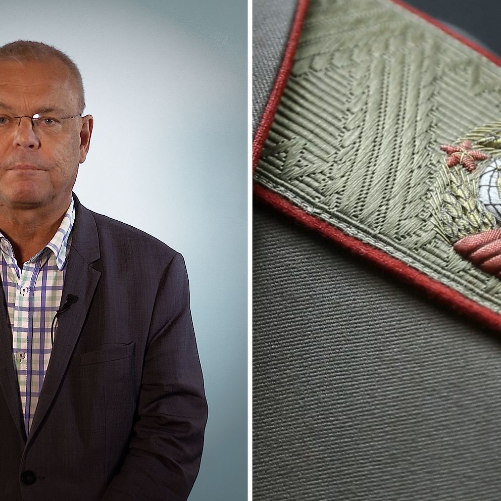 Bert Sundström – medelålders man i kavaj, samt närbild på ryskt militärt märke i tyg