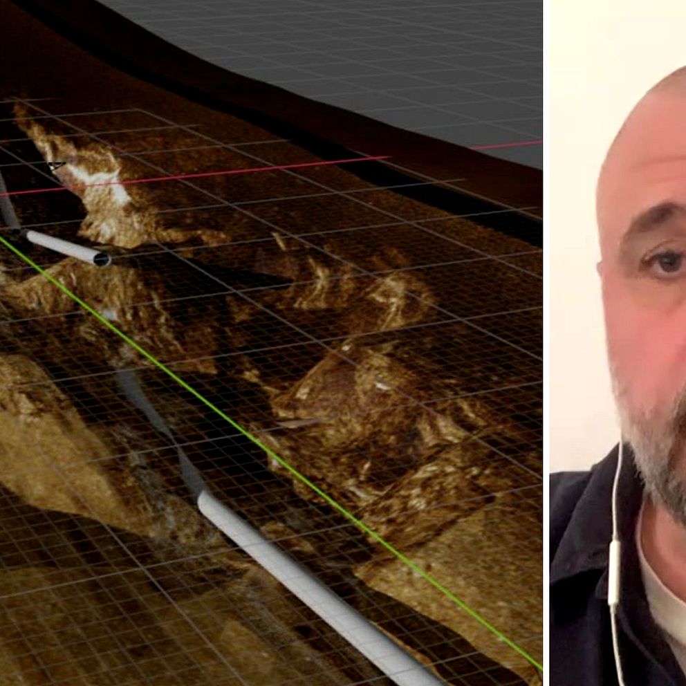 Till vänster en #D-rekonstruktion av sprängt undervattensrör, till höger bild på tidigare attackdykaren Patrik Hulterström.