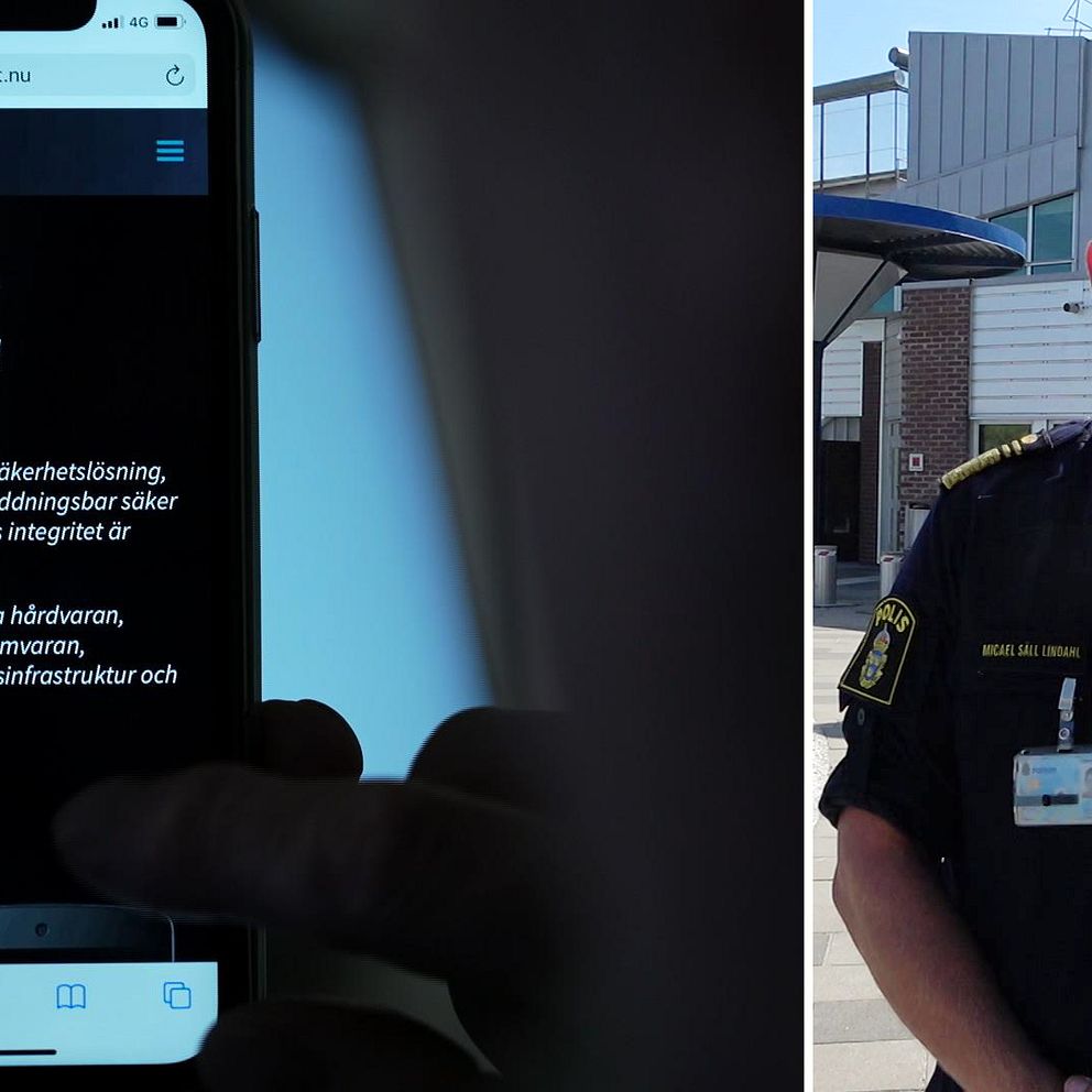 Kollage. Till vänster en mobiltelefon med den krypterade chatten Encrochat. Till höger Micael Säll Lindahl, polischef för region nord. Han står iklädd polisuniform utanför polishuset i Umeå.