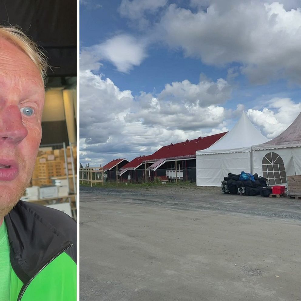Niclas Lidström på O-ringen i Åre på Holiday club. Till höger ett tält uppställt inför tävlingarna i Trillevallen.