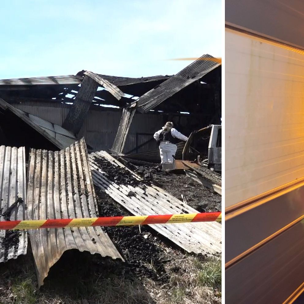 En splitbild på en nedbrunnen lokal och en brand i en husvagn.