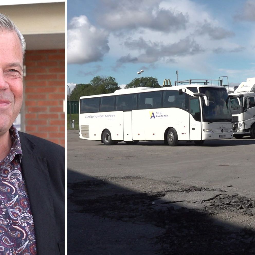 Till vänster står Kjell Andersson rektor för vuxenutbildningen. Till höger ser man en elev som gör en säkerhetskontroll av bussen.