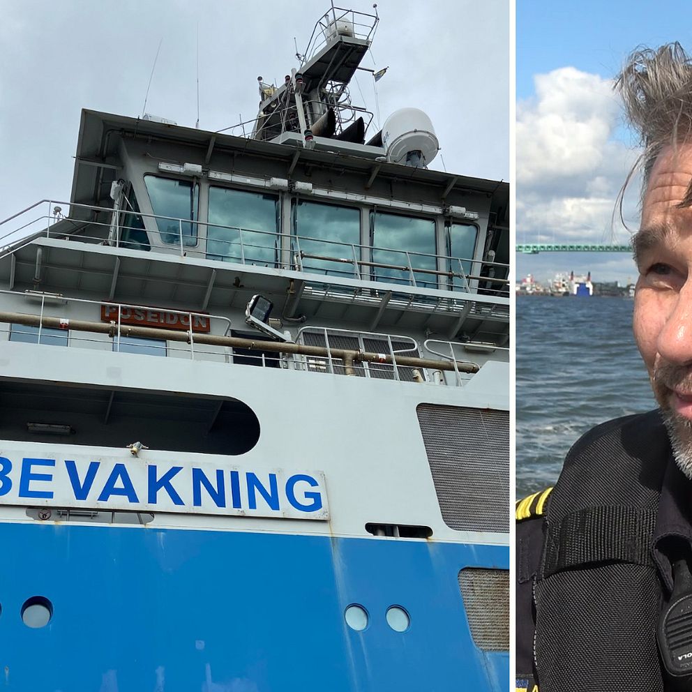 Delad bild. Till vänster: Vit och blå båt med ”kustbevakning” skrivet på. Till höger: En man med flytväst.