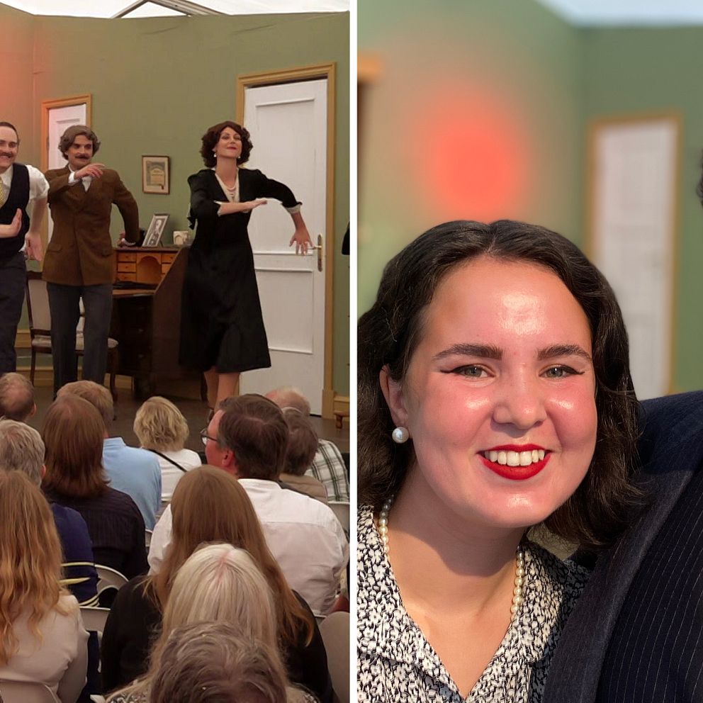 En kvinna och en man Erica Jeber spelar Paula Klinker och Nils Sahlström spelar Ludvig Klinker i farsen Spanska flugan i Skara, de står brevid varandra. Delad bild med några personer som dansar på en scen.