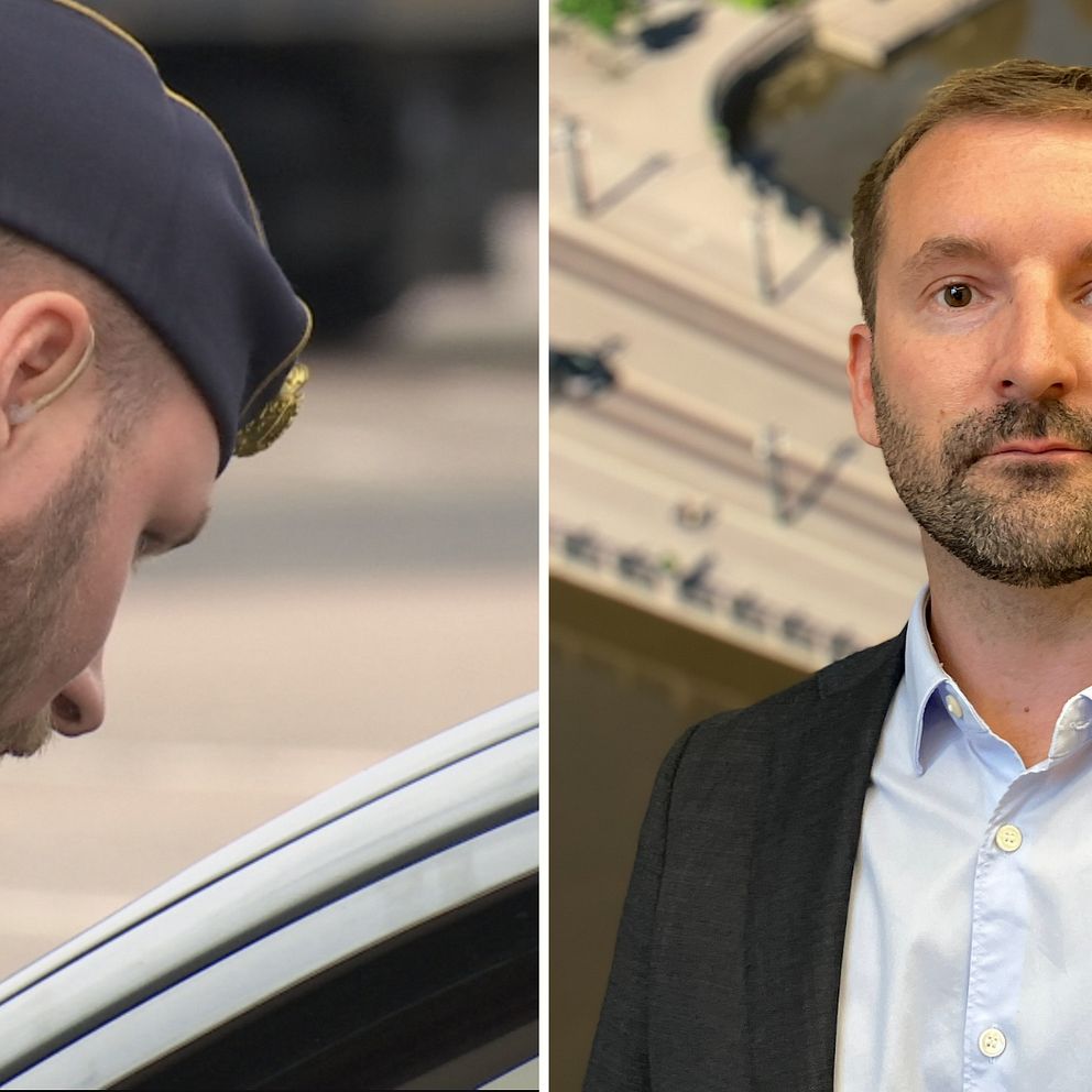 Delad bild. Till vänster: Polis som pratar med någon som sitter i en bil. Till höger: En man, Kim Fredriksson (SD), i kavaj.
