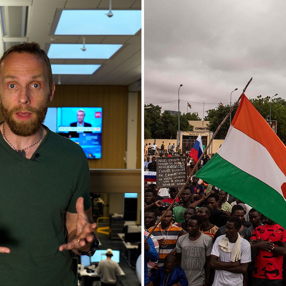 SVT:s Johan Ripås bredvid en bild på en folkmassa i Niger.