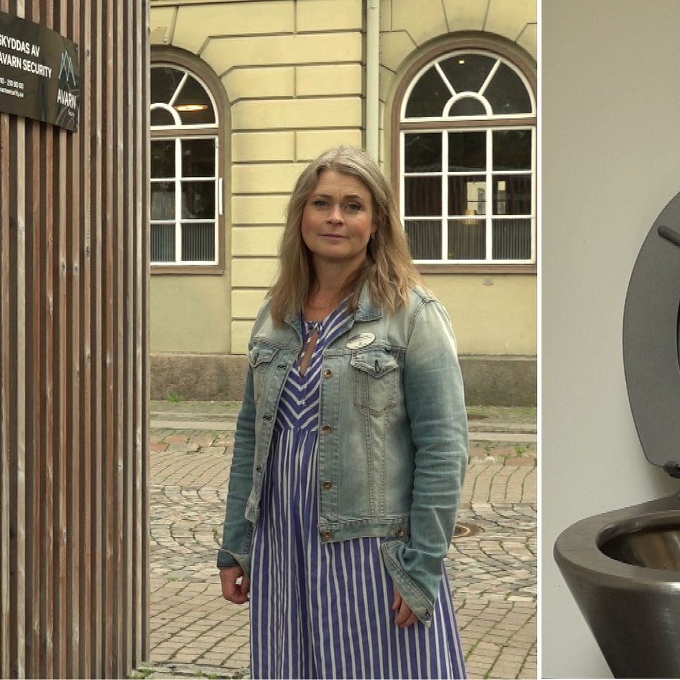 Delad bild. Till vänster syns en kvinna med jeansjacka utanför de offentliga toaletterna i Residensparken i Karlstad. Till höger syns en av toalettsitsarna.
