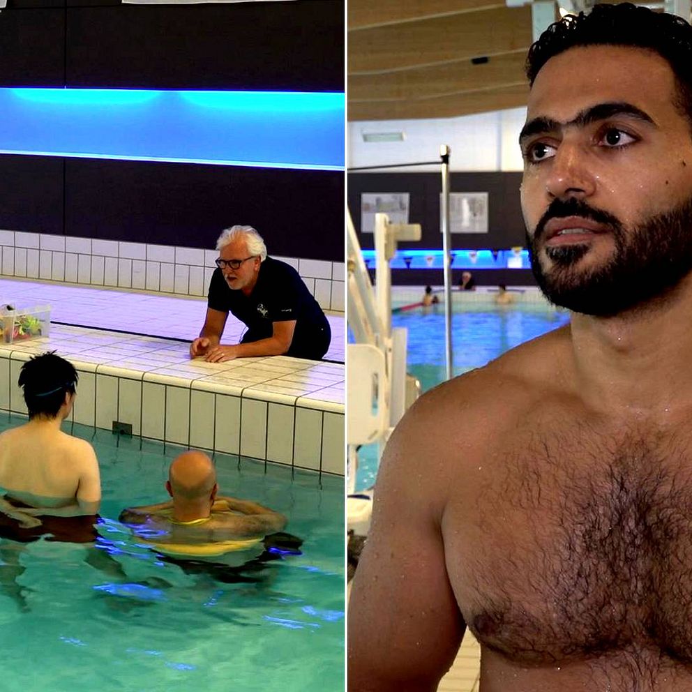 Delad bild. Till vänster står en man vid en bassängkant och lutar sig framåt. Framför honom står fyra vuxna män i vattnet och lyssnar på det mannen framför dem säger. Till höger syns en man med bar överkropp.