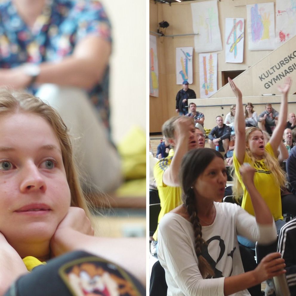 En tvådelad bild. Till vänster en närbild på en tjej som håller sina händer i ansiktet  och har en nervös blick. På den högra bilden sträcker massor av människor upp sina händer i luften och ser glada ut i samband med att slutsignalen göd och Sverige blev klara för semifinal i VM.