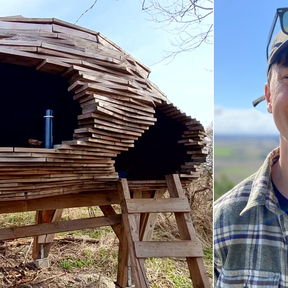 Bild på vindskydd och arkitekturstudenten Nils Bagge.