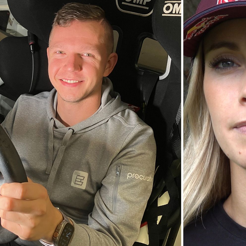 Tvådelad bild: Rallycrossförarna Nils Andersson bakom ratten på sin bil och Mikaela Åhlin Kottulinsky fotograferad i porträtt.