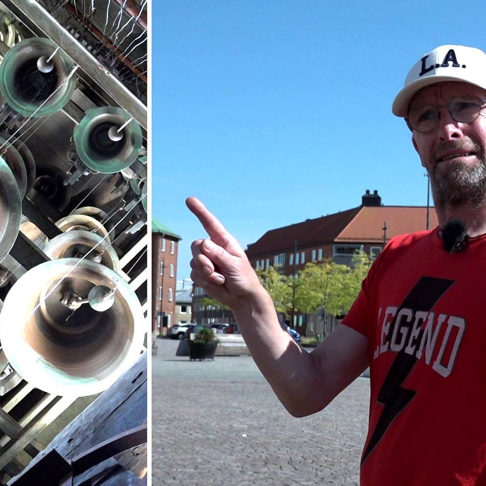 Musikern Joacim Müllo hör klockspelets melodi från Fredrikskyrkan i Karlskrona.