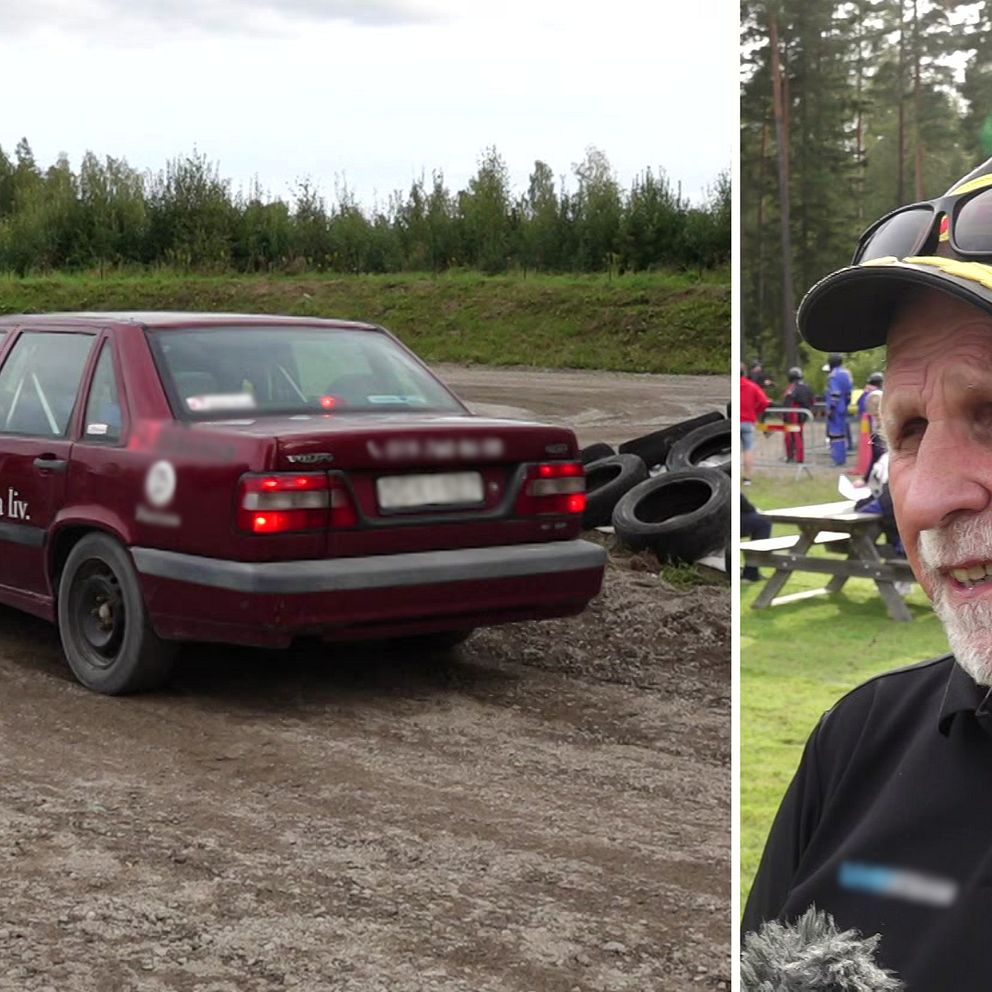 En vinröd volkvo med rallydekaler. och en äldre man Jens Larsson, men keps och solglasögon