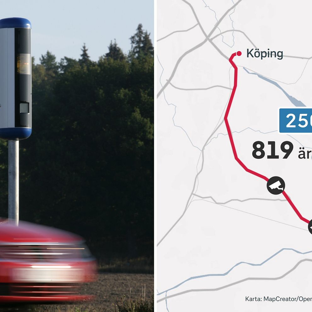 Bild på suddig bil som passerar fartkamera, samt bild på väg 250 mellan Köping och Kungsör där 819 fångades av fartkameror.