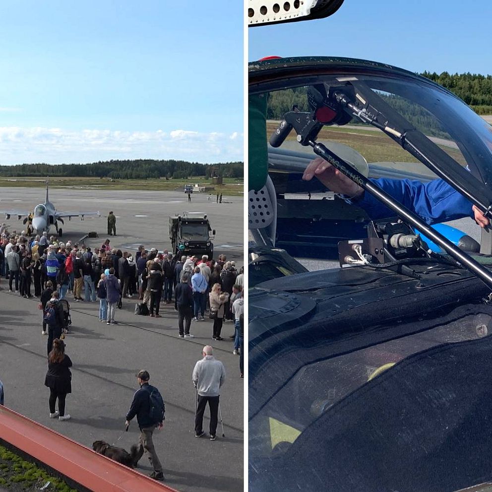 Tvådelad bild: Flyguppvisning utanför Örebro och stridspiloten Nils Schylström som står bredvid ett stridsflygplan.