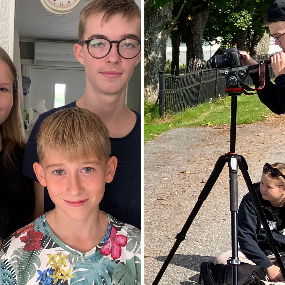 Tvådelad bild. Till vänster Thindra Söderström, Novalie Söderström, Leon Sundkvist och Melvin Sundkvist. Till höger, Leon Sundkvist filmar.