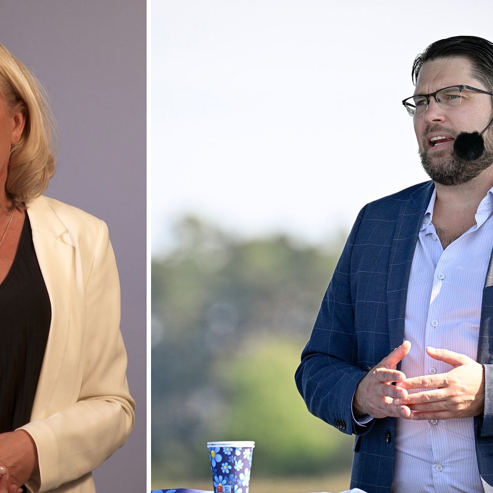 SVT:s politiska kommentator Elisabeth Marmorstein. Till höger Jimmie Åkesson (SD).