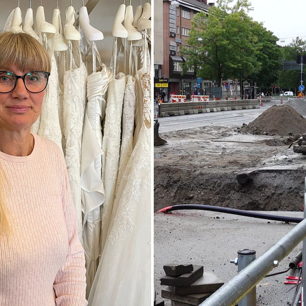 Två delad bild. Till vänster står en blond kvinna med glasögon och rosa tröja och tittar in i kameran. Bakom hennes syns brudklänningar hänga. Till höger i bild syns en väg som är uppgrävd, trafikljus, och avpärrningsstaket.