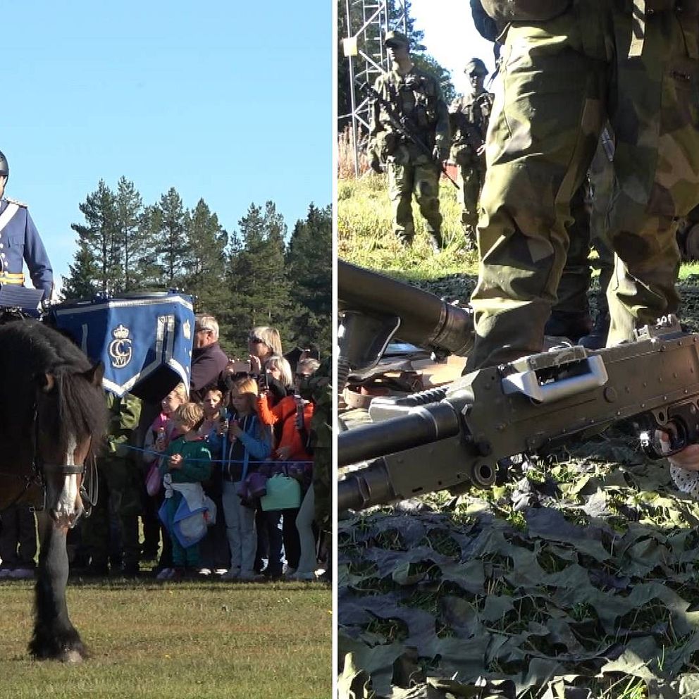 Ridande militärmusik och flicka med gevär som ligger på marken