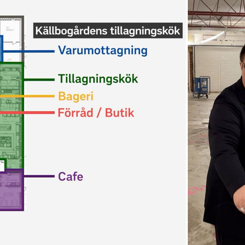 Surahammars kommunalråd visar hur det nya köket ska se ut. Till vänster syns en skiss över det.