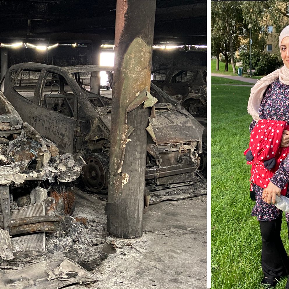 Atiaf Al-Naeem och brända bilar i ett garage.