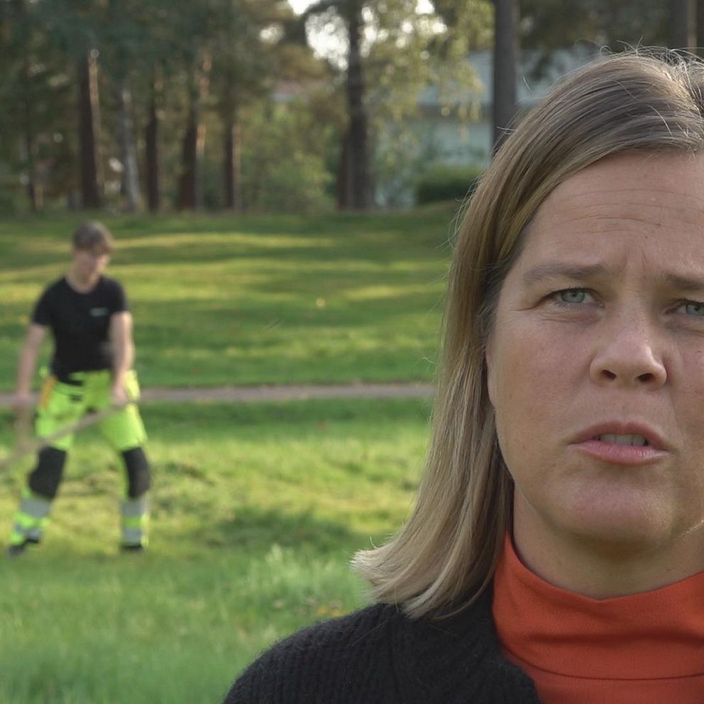 Parkingenjören Jenny Högberg och en parkarbetare som klipper gräset med lie.