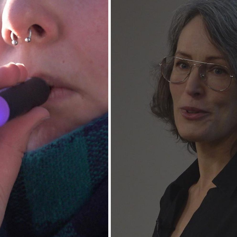 Splitbild på person röker vape och Louise Adermark.
