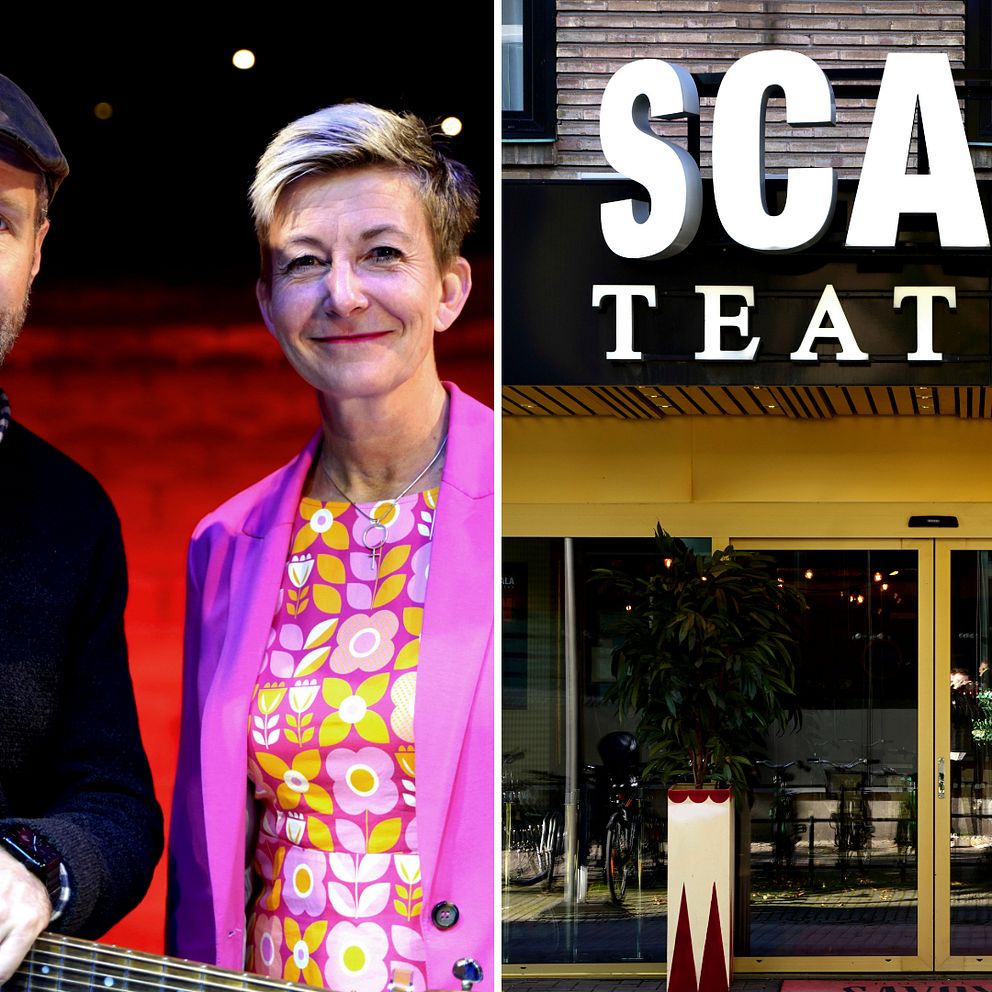 Till höger en skylt på Scala teatern, till vänster Anders Blomberg och författaren Marie Niljung.