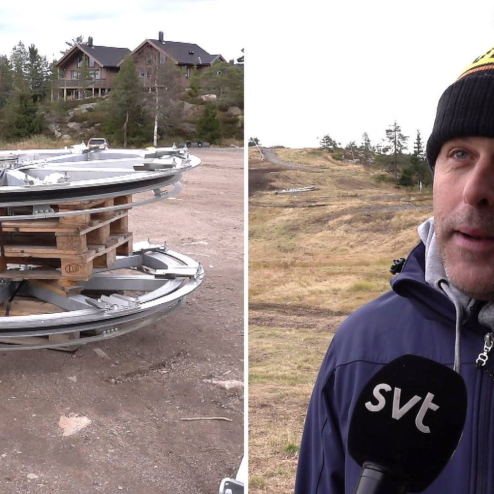 Tvådelad bild: En del av en skidlyft och Hovfjällets vd Johan Larsson som blir interbvjuad av SVT.
