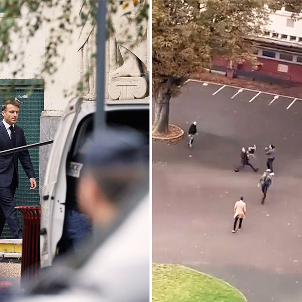 Flera personer försöker stoppa gärningspersonen som går till attack med kniv. Varning för obehagliga bilder.