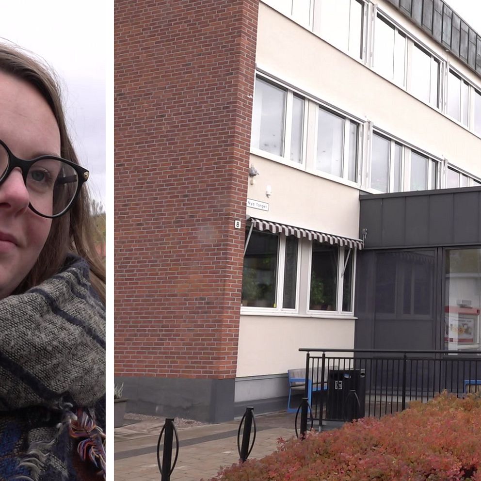 Splitbild på Evelina Nilsson och kommunhuset i Torsby.