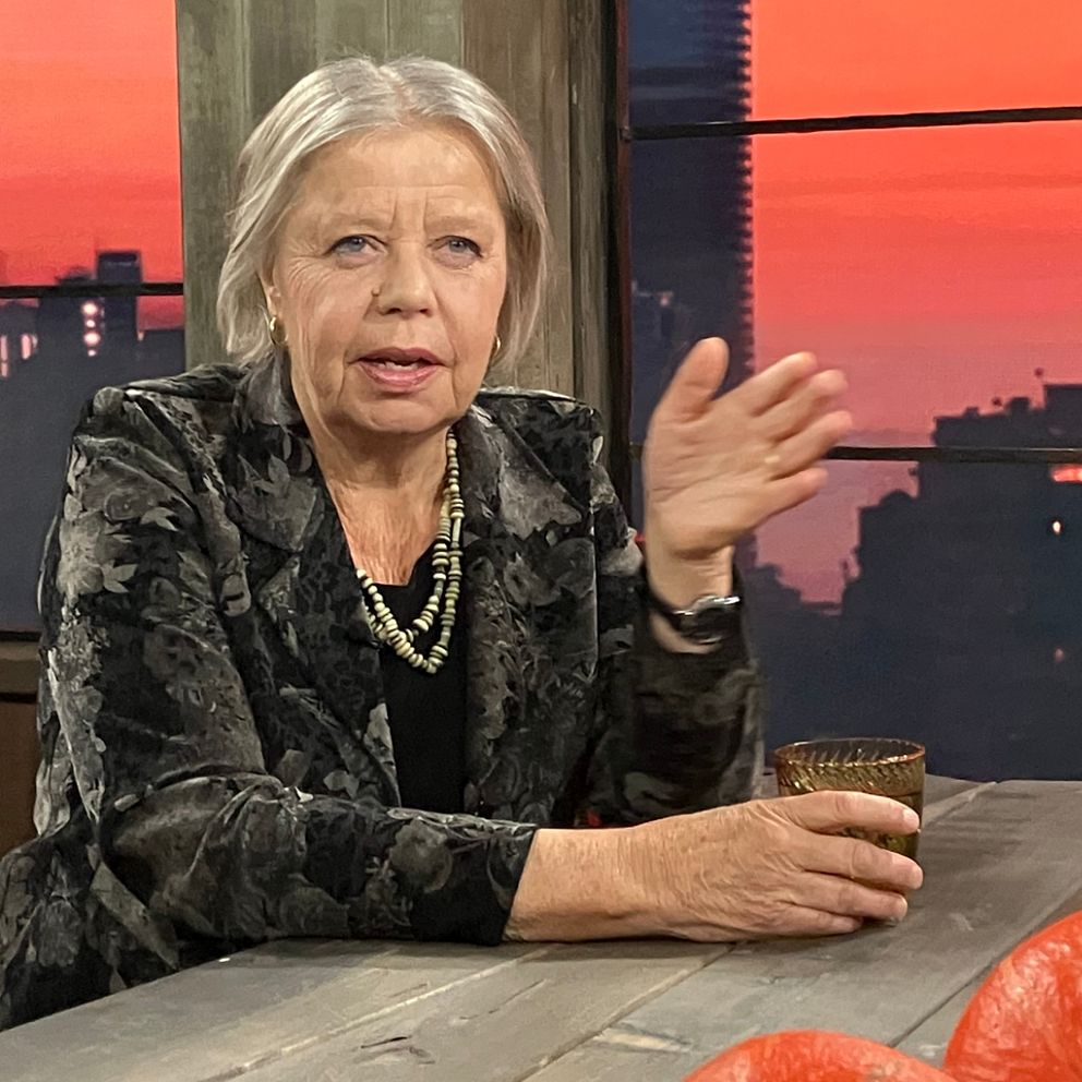Mellanösternanalytikern Bitte Hammargren pekar med hela handen när hon sitter i Utrikesbyråns studio.