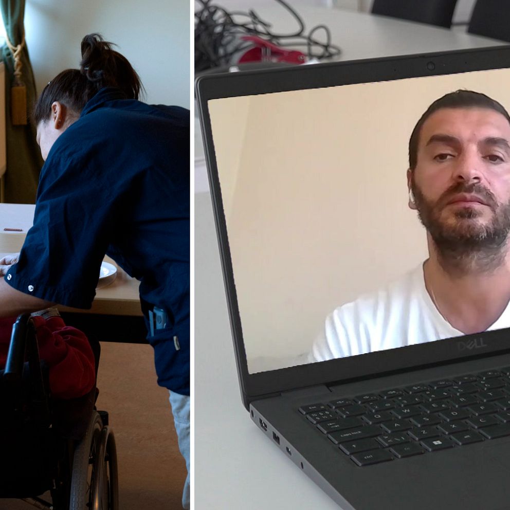 Till vänster en kvinna som håller handen på ryggen på en kvinna i rullstol. Till höger Isa Urun på en datorskärm