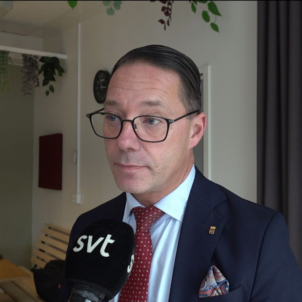 En person i kostym pratar in i en mikrofon från en TV-kanal. I bakgrunden syns en matplats med en rund svart tavla på väggen och gröna växter hängande från taket. Gardiner i en mörk nyans bidrar till inredningen.