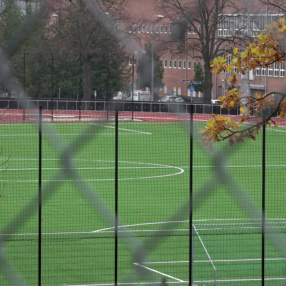 Grön fotbollsplan med vita linjer, sedd genom ett galler av stängsel. I bakgrunden syns träd med höstlösa grenar och byggnader. Bilderna ger en känsla av en stillsam och avskild sportanläggning.