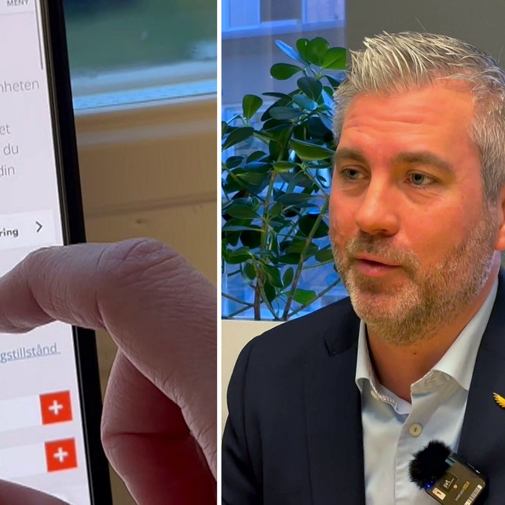 Bilden är delad i två sektioner. Till vänster visas en mobiltelefon. Till höger syns Karl Hulterström, från Svenskt Näringsliv, som talar i en intervju.