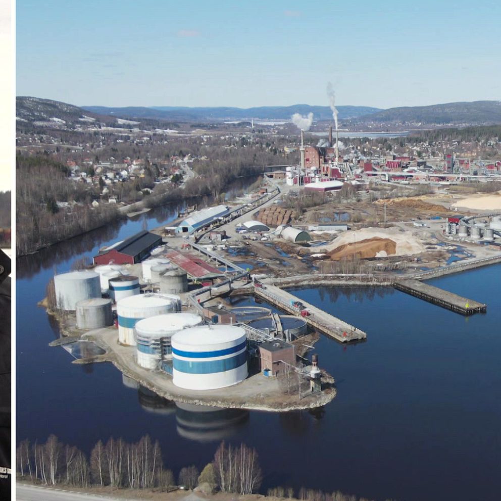 Delad bild. Till vänster: man i jacka och mössa. Till höger: flygvy över industriområde vid vatten.
