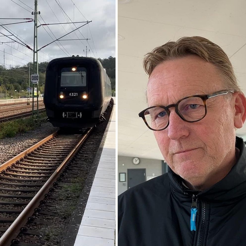 Falkenbergs tågstation och porträttfoto av man.
