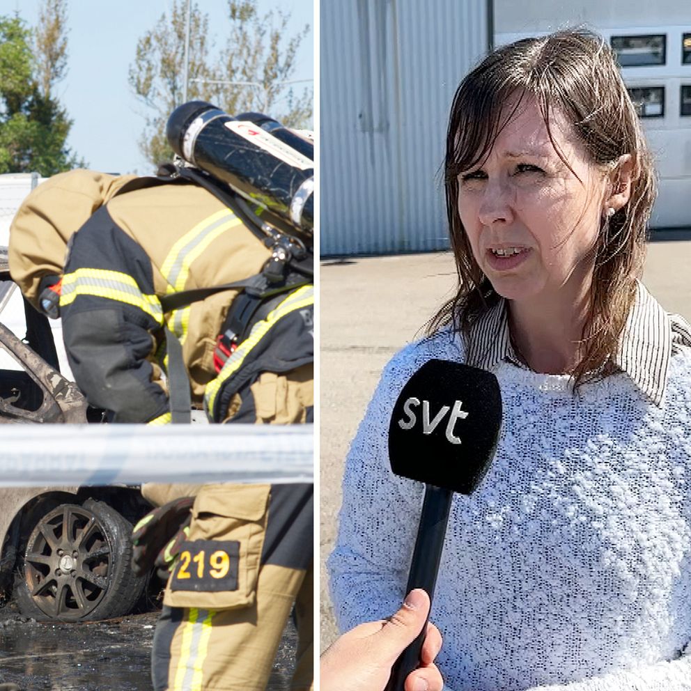 Räddningstjänst släcker bilar som tidigare brunnit. Delägare berättar.