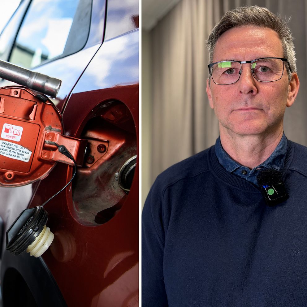 Tvådelad bild. Vänster: Någon tankar en bil. Höger: Person står framför grå gardiner.
